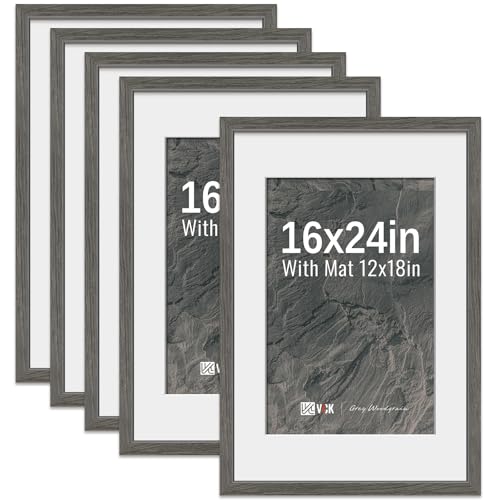 Image of VCK 16x24 Picture Frame 5 Pack, Grey Wood, 12x18 Mat, for Gallery Wall