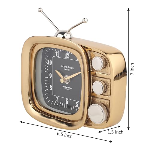 Image of Decor de Maison Brings Handcrafted Retro Tv Timepiece Table Clock for KidsRoom, Living Room, Bedroom, Study Table|Classic Non-Ticking Tabletop Battery Operated Analog Desk Clock in Gold (17x4x17cm)