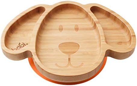 BABI® Baby Toddler Large Dog Plate, Natural Bamboo, with Stay Put Silicone Suction Ring (Pink)