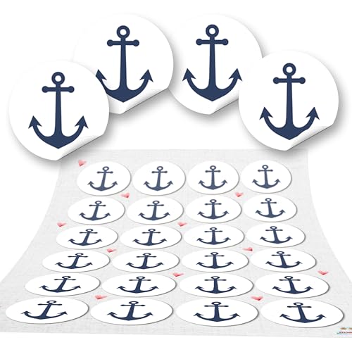 Autocollants déco marine, lot de 24: Stickers ronds ancre bateau bleu et blanc pour décoration thème marin, carte, fête, cadeau, scrapbooking, DIY, déco bord de mer, Ø 4 cm