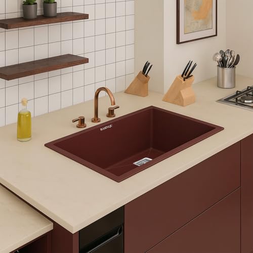Image of BASINQU Quartz Kitchen Sink 24 x 18 x 9 Inch Granite Kitchen Sink Single Bowl Brown Quartz Sink for Kitchen Basin Sound Dampening Scratch Resistant UV-Protected Noise Reducing sinks