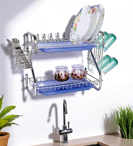 Image of AMOL Stainless Steel Kitchen Dish Rack | Rust-Resistant Utensil Stand with Glass & Spoon Holder | Wall Mountable Modular Kitchen Organizer (Made in India) (Height- 15 Inches)