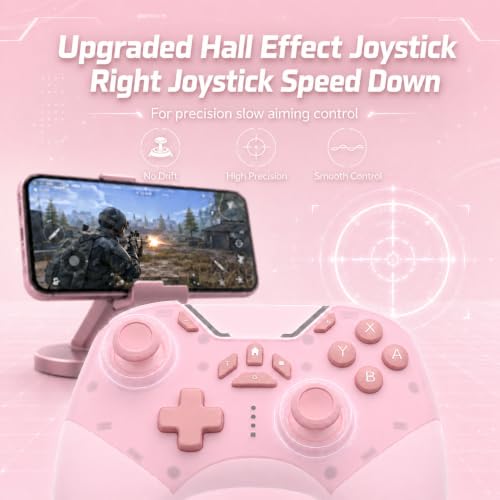 Image of aghi Hall Effect Wireless Gaming Controller with Phone Clip | for iPhone /Android /PC /Steam /TV /Switch /Switch 2 with Hall Joysticks, Lock Speed, Macro, 6-Axis Gyro, Vibration, Turbo, Pink