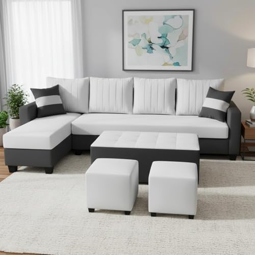 Image of FURNY Avenue 8 Seater Fabric LHS L Shape Sofa Set with 1 Centre Table & 2 Puffy (Light Grey-Dark Grey) Premium Velvet Finish
