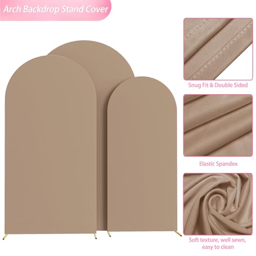 Image of Wokceer Wedding Arch Backdrop Cover 7.2FT, 6.6FT, 6FT Set of 3 Spandex Fitted Nude Brown Arch Covers for Round Top Chiara Backdrop Stands Cover for Birthday Party Ceremony Decor