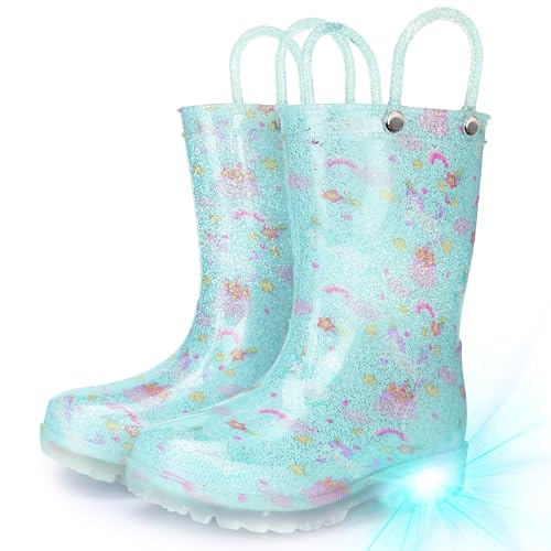 Rain Boots for Girls Toddlers - Light Up Kids Rainboots Boots Waterproof Lightweight Rain Shoes with Handles (Toddler/Little/Big kids)