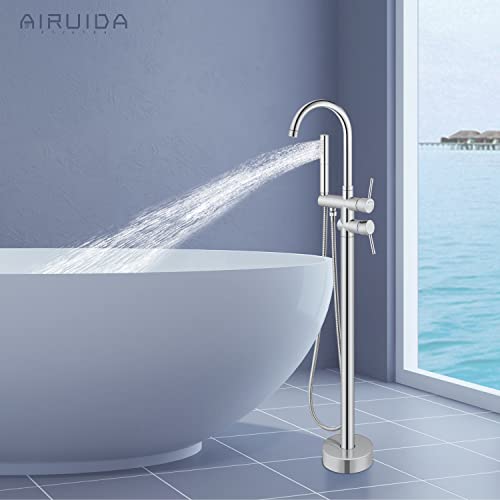 Airuida Solid Brass Chrome Polish Floor Mounted Freestanding Tub Filler Bathtub Faucet With 2 In 1 Hand Held Showerhead 360 Degree Swivel Spout #TOP6