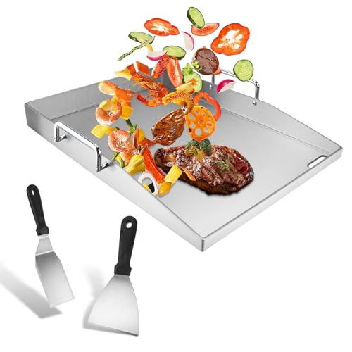 Edelstahl Plancha 40 x 30cm - Grillplatte Set mit 2 Grillspachtel und 2 Abnehmbarer Klappgriff und fettablaufloch, 4 mm Dicke Universal Grillplatte für BBQ Kohlegrill Gasgrill