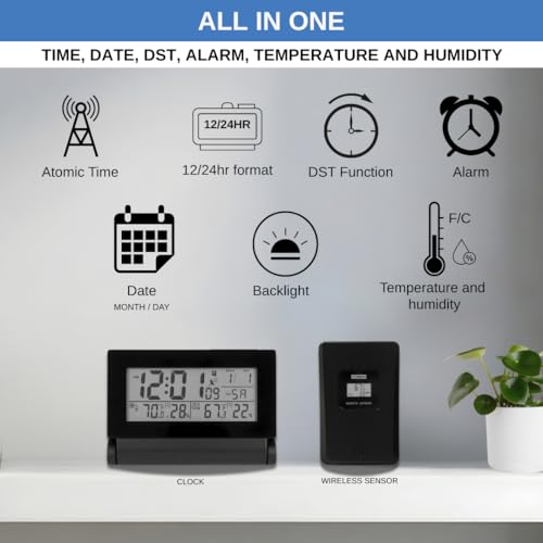 Digital Clock with Atomic RCC Time and Alarm | Indoor Temperature and Humidity Display | Wireless Sensor, Battery Operated with Blue Backlight for Bedroom or Desk - Image 2