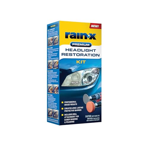 Rain-X 610153 Headlight Restoration Kit - Car Light Lens Cleaner/Restorer with Sanding & Polishing Drill Attachments & Sealant Wipe, Removes Scratches & Oxidation- All in 1 Long Lasting Formula