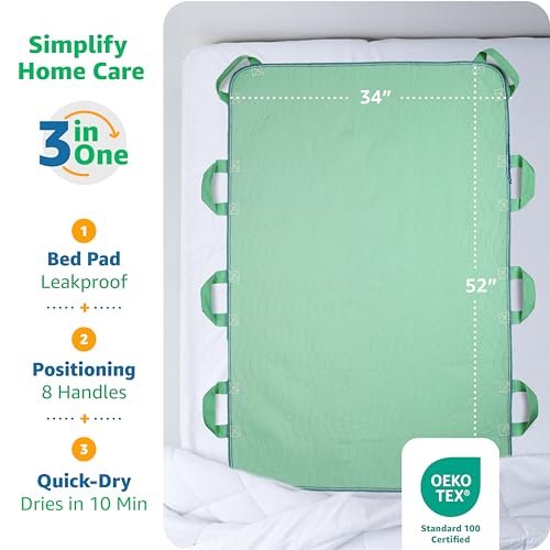 Improvia Positioning Bed Pad, with 8 Reinforced Handles, Quick-Drying, Washable, Waterproof, for Lifting, Turning, Transfering, Elderly and Incontinence Patients (Green, 2 Pack) by IMPROVIA - Used condition - Image 2