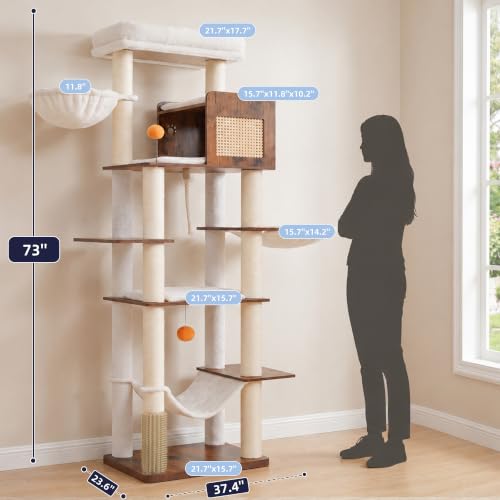 Image of Hey-brother Wooden Cat Tree Tower with Rattan Condo, Large Platform, 2 Cozy Hammocks, Basket, Self-Grooming Brush, 9 Full Sisal Scratching Posts for Indoor Adult Cats, 73 Inches, Rustic Brown MPJ122SR