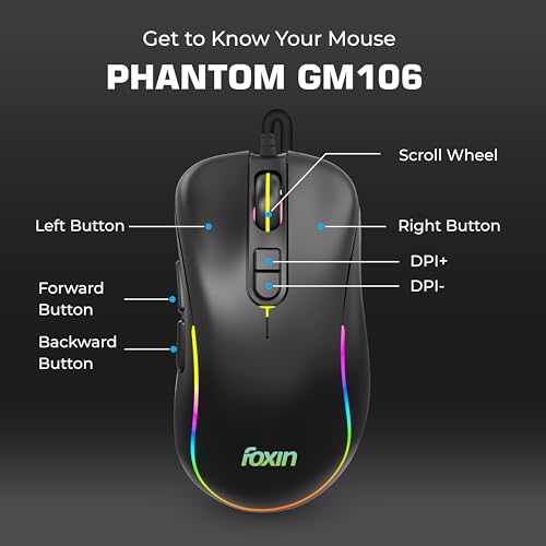 Image of Foxin Phantom GM 106 USB Wired Gaming Mouse with Upto 7200 DPI Gaming Sensor | 7 Buttons | Upto 10 Million Clicks | 7 Colours Rainbow Lighting | Ergonomic Design | 1.5m Cable (Black)