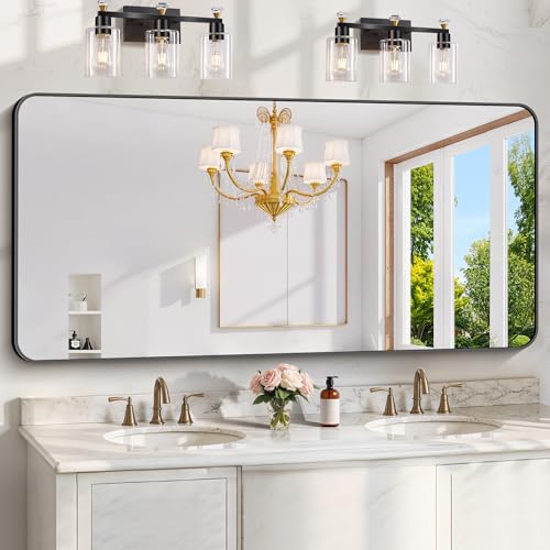 Image of KOCUUY 60 inchx30 inch Large Rectangle Vanity Mirror, Black Metal Frame Mirror with Rounded Corner, Modern Design of Upgraded Shatterproof Glass for Bathroom, Bedroom, Living Room, Entryway