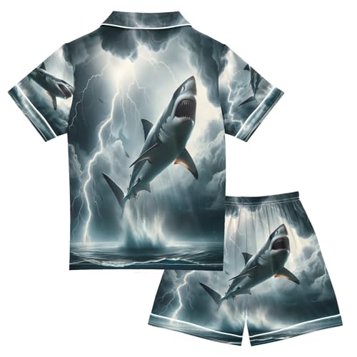 ALAZA Shark Thunderstorm Ocean Cloud Satin Pajamas Set Short Sleeve Button Down Sleepwear Summer Pjs 2 Piece2