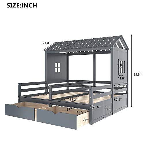 P PURLOVE Twin Double Shared Bed,Twin Size House Platform Beds with Two Drawers for Boy and Girl Shared Beds, Montessori House Bed Frame Combination of 2 Side by Side Twin Size Beds,Gray