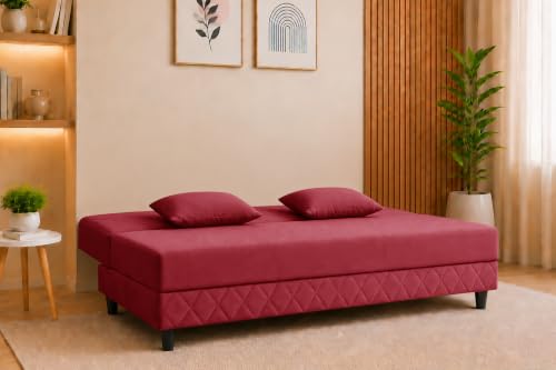 Image of Velvet Fabric Sofa Cum Bed | 3 Seater Sofa Bed | Premium Upholstered Folding Couch for Living Room, Guest Room & Bedroom | Quilted Backrest with 2 Cushions (Red)