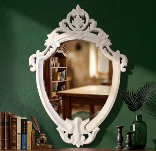 Image of Maharani Mirror Frame for Living Room Bedroon Bathroom (Maharani Mirror Frame) & Jharokha Style Mirror Frame (Size18x12inch). (White Antique)