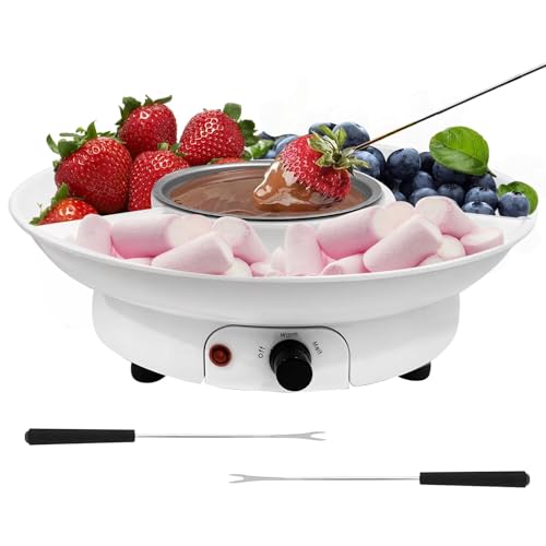 Goo!Hoo Fondue Pot Chocolate Fondue Maker - Deluxe Electric Dessert Fountain Fondue Pot Set With Party Serving Tray And 25 Forks Best Gift Idea For Valentines Day And Birthdays Color