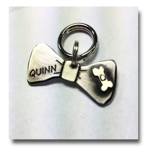 Bowtie Bow Tie Dog Tag-Pet ID Tag With Tiny Brass Bone-Handcrafted Nickel Silver Brass-Custom Pet Tag-Custom Dog Tag-Formal Wear Pet Tag