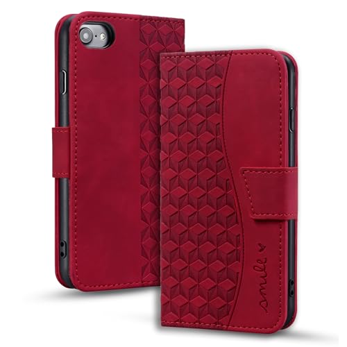 LOLFZ for iPhone 6/6S/7/8/SE 2020/SE 2022 Case, Flip Folio Wallet Case with Card Holder Kickstand Magnetic Closure PU Leather Protective Phone Cover - Red