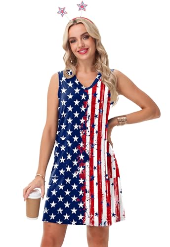 Image of Deerose Womens July 4th Sleeveless Dress American Flag Swim Cover Up Dress with Pockets