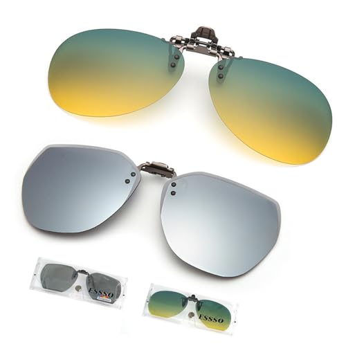 Polarized Clip On Sunglasses Over Prescription Glasses - 2 Types, 2 Pairs Rimless Flip Up Sunglasses for Men and Women, Outdoor Driving Fishing, Anti Glare Night Driving Glasses