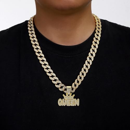 Unisex Adult Queen Alphabet Hip Hop Cuban Chain Necklace, 19.6 Inches, Gold Plated Stainless Steel, Rhinestone Letter Pendant3