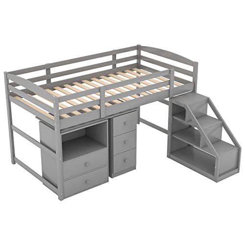 Low Loft Beds With Desk And Stairs Twin Loft Bed Frame With Movable Desk And Storage Drawers Wood Captain Beds For Kids Girls Boys Teens, Gray #TOP4