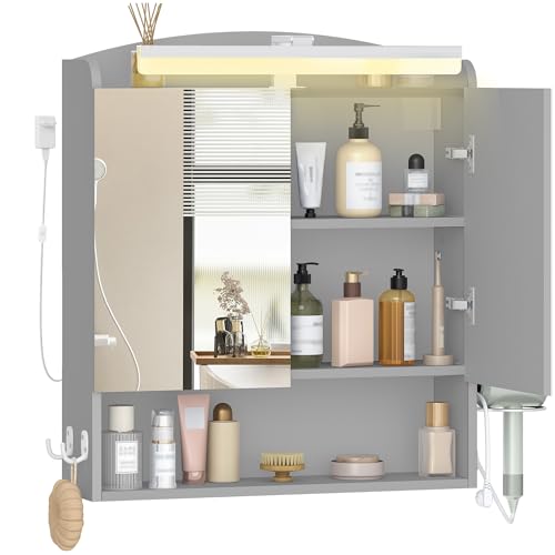 Hzuaneri Spiegelschrank Bad mit Beleuchtung, Badezimmerschrank mit Spiegel, Wandschrank, Haartrockner-Halter und Haken, mit Stecker, Verstellbarer Etagen, Grau, 16,5 x 60 x 68,5 cm MC10027XEU