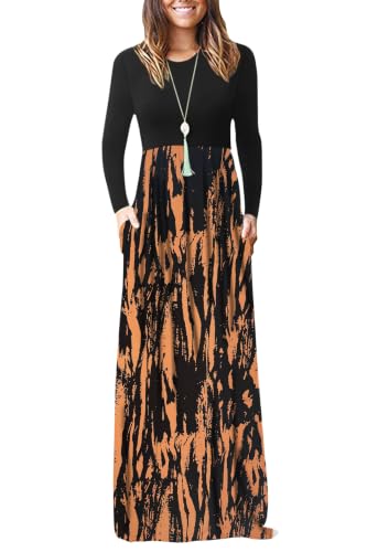 Image of AUSELILY Womens Long Sleeve Maxi Dress Casual Empire Waist with Pockets | Versatile year round long dress for spring, fall, winter, available in floral prints and solids