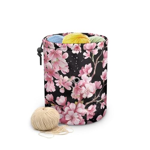 Image of Sellikakes Cherry Blossom Yarn Bag Organizer, Crochet Storage Case Round Knit Skein Ball Basket Crochet Supplies Accessories Organizer Store Skein Ball Short Knitting Needles