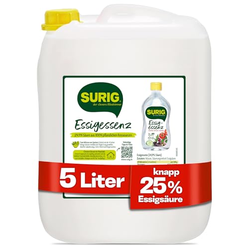 SURIG Essigessenz 5L mit 25% Essigsäure - 100% pflanzlicher Essig zum Reinigen und Entkalken in Küche und Haushalt - Lebensmittelqualität zum Kochen und Einlegen