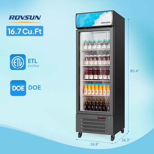 Image of ROVSUN 17 Cu.Ft Commercial Beverage Refrigerator ETL NSF, Slim Merchandiser Refrigerator Display Refrigerator Beverage Cooler Glass Door Fridge w /Adjustable Shelves LED Light for Bar Restaurant Cafe