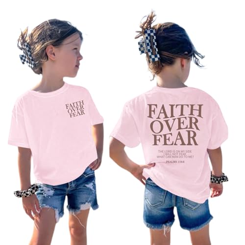 Image of Girls Faith Over Fear Christian Shirts for Kids Jesus God Bible Verse Religious Tshirt Cute Preppy Graphic Tees Tops