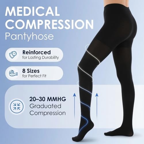 Image of ABSOLUTE SUPPORT Compression Pantyhose 20-30mmHg | Opaque, reinforced heel,toe, latex-free, supports circulation & varicose veins, reduces swelling, post surgery, travel, A204