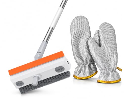 Image of Combo of Orange Bathroom Cleaning Brush with Wiper and (Aluminium Dishwashing Hand Glove), Cleaning Brush with Long Handle, Floor & Tiles Cleaner Brush, Bathroom Cleaning Accessories, Washroom Brush