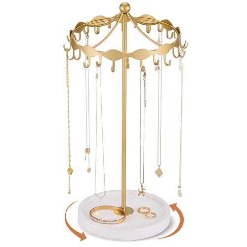 Lolalet Rotating Necklace Holder Stand with Metal Hooks, Spinning Display Carousels, Freestanding Organizer Hanger, for Long Necklaces Chains -Gold