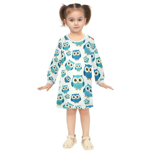 Long Sleeve Girls Dresses, Cute Blue Teal Owls Thanksgiving Dress 2T4