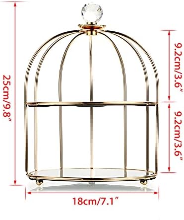 BSTKEY 2 Tiers Mirror Tray Vanity Cosmetic Makeup Jewelry Trinket Tray, Decorative Birdcage Shape Countertop Organizer, 18x25cm (Color Gold)