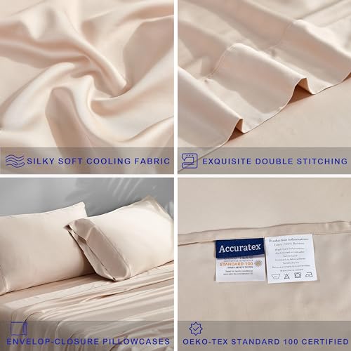 ACCURATEX Cooling Sheets Split King Size Sandy - Rayon Derrived from Bamboo, Luxury Hotel Sheet Set for Adjustable Bed, Super Soft Breathable Bedding Sheets up to 16 inches Deep Pockect