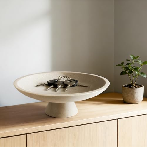 Large Modern Decorative Bowl for Home Decor Fruit Organic Catch All Key Kitchen Entryway Shelf Coffee Table With Pedestal,Artificial Stone Beige - Image 3