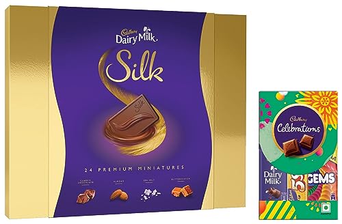Image of Cadbury Celebrations Chocolate Gift Pack, Assorted, 59.8 g, (Pack of 8) & Cadbury Silk Miniatures Chocolate Gift Box, 240 g
