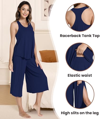Image of NACHILA Bamboo Viscose Pajamas for Women Racerback Tank Capri Set | High Side Slits Design, Unrestricted Movement, Cooling Feel, Relaxed Loose Fit, for Hot Sleepers