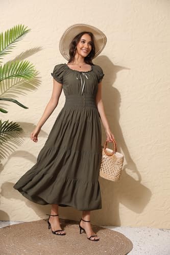 Image of OSTOO Women's Floral Maxi Dress Boho Summer Short Sleeve Smocked Waist Tiered Long Dress