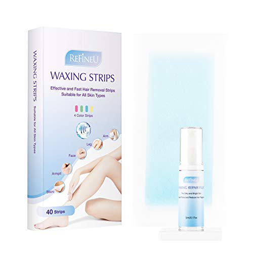 REFINEU Wax Strips, Wax Removal Kit For Arms, Legs, Face, Armpit, Bikini, Wax Hair Removal contains 40 Strips & 4 Post Cleaning Wipes & Waxing Repair Fluid