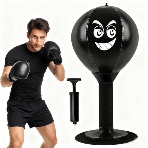 Punchingball Schreibtisch mit Saugnapf und Pumpe – Stressabbau Boxsack Schreibtisch Sandsack Aufblasbarer Tisch Boxball Anti-Stress Spielzeug für Büro, Home Office und Erwachsene (Schwarz)