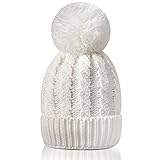 Women's Winter Beanie Warm Fleece Lining - Thick Slouchy Cable Knit Skull Hat Ski Cap(White)