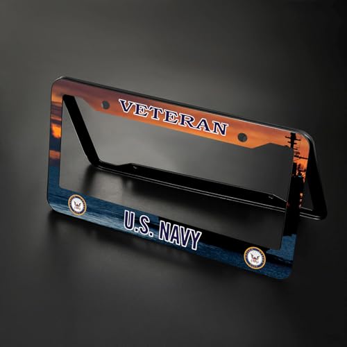 Image of 2PCS License Plate Frames for Veteran U.S.Navy,Car License Plate Bracket Holder, Premium Aluminum Alloy Weather Proof License Plate Covers with Screw Caps Cover Set Car Accessories