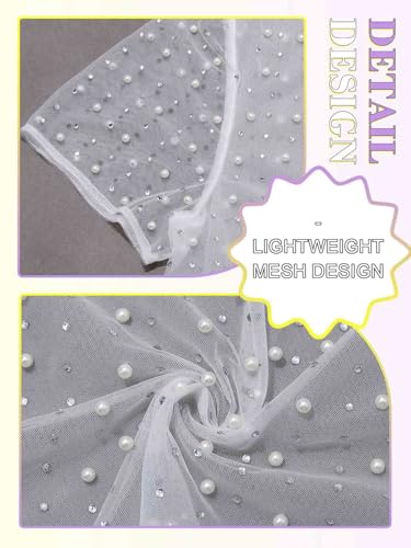 Image of JAKAWIN Pearl Wedding Belero Shrug Rhinestone Short Sleeve Mesh Cropped Cardigan for Women (US, Alpha, Medium, Regular, Regular, White)